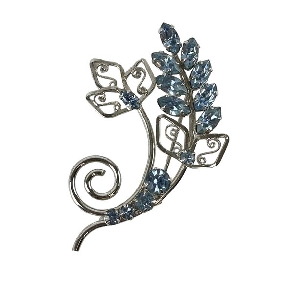 Sterling Silver Floral Brooch with Light Blue Crystals - Picture 1 of 4